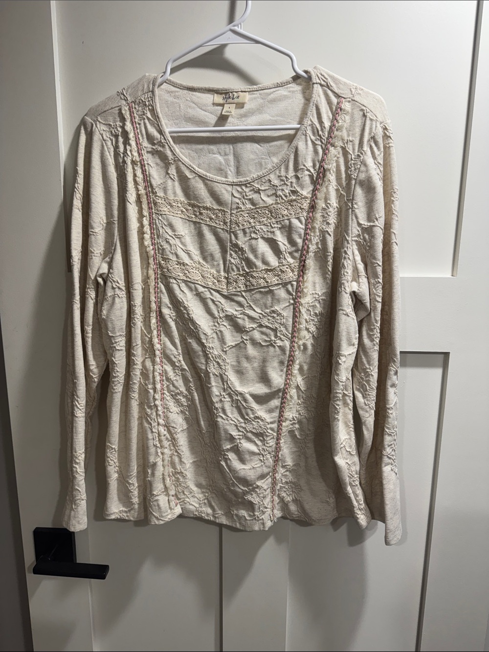 Style & Co. Cream Long-Sleeve Textured Top with Pink Trim